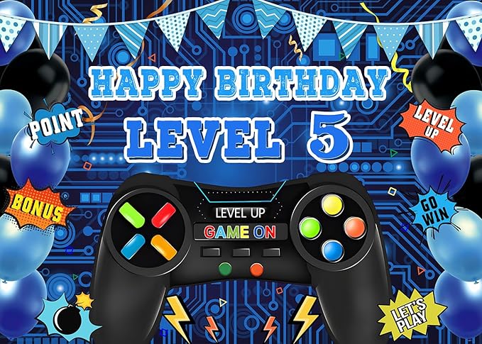 Game Theme Level 5 Birthday Backdrop Video Game Happy 5th Birthday Party Decorations Level Up Theme Boys Kids Birthday Party Supplies(7×5FT)