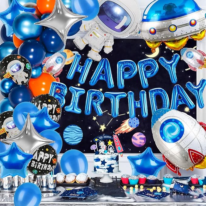 Space Birthday Decorations UFO Astronaut Rocket Balloons, Aluminium Foil Happy Birthday Banner Outer Space Themed Party Supplies for Boys Kids