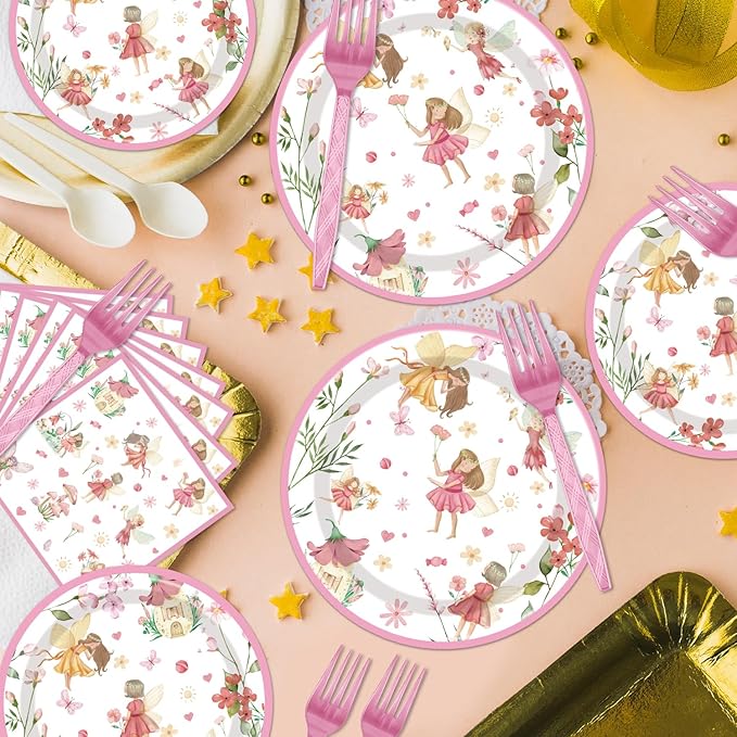 Fairy Birthday Party Supplies Tableware - 96PCS Butterfly Flower Fairies Plates and Napkins Birthday Decorations, Enchanted Forest Garden Party Tableware Set, Fairy Party Supplies Serve 24 Guests