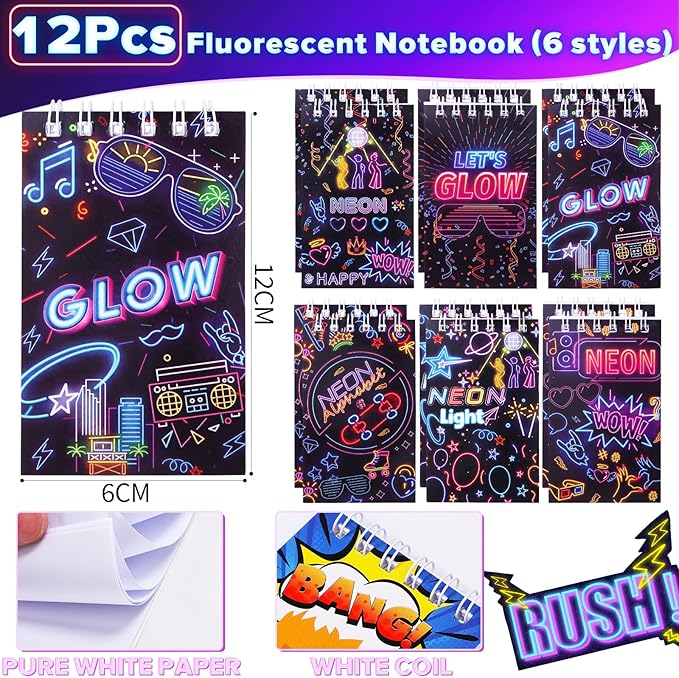 Winrayk 74Pcs Glow in the Dark Party Favors Neon Birthday Supplies Kids, Invisible Ink Pen Mini Notebook Neon Stickers, Pinata Filler Goodie Bag Stuffer Teen Girls Boys Glow in the Dark Party Supplies