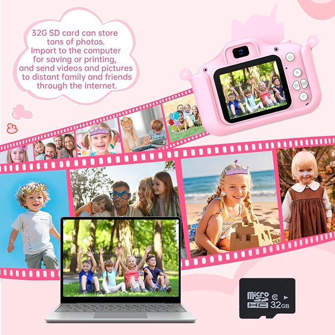 Kids Camera, Camera Toys for Girls Age 3-8, Selfie Cameras for Kids, Kids Digital Camera for Toddler with Video, Digital Cameras with Silicon Cute Cover for Kid, 32GB TF Card(Pink)