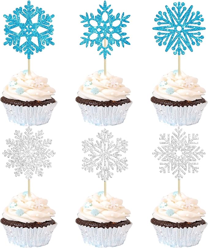 36Pcs Snowflake Cupcake Toppers Glitter Winter Frozen Theme Snowflake Cupcake Pick Decorations for Baby Shower Kids Birthday Christmas Party Decorations Supplies Blue Silver