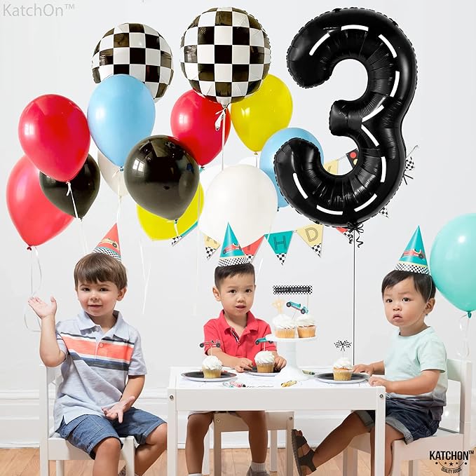 KatchOn Giant Number 3 Balloon - 40 Inch | Number 3 Race Car Balloon for Construction Birthday Party Supplies 3 Year Old
