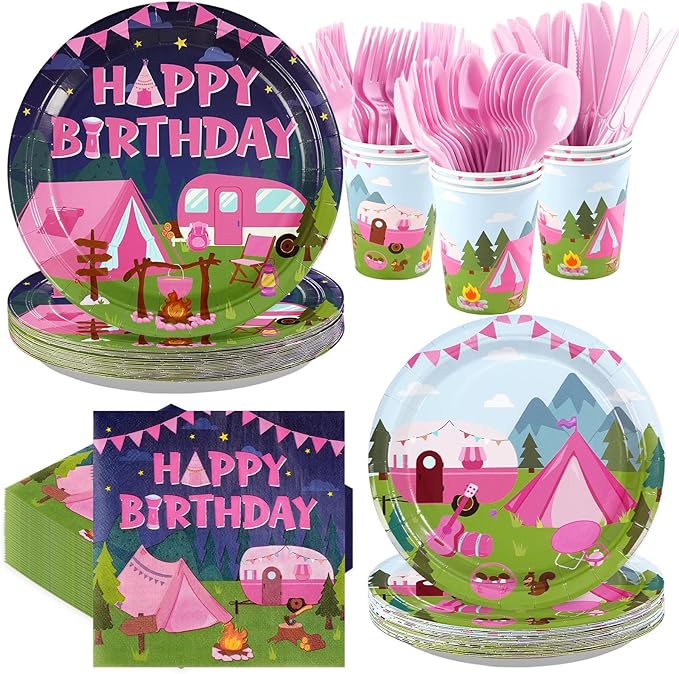 168Pcs Camping Birthday Party Decorations Hot Pink Camper Theme Plates Napkins Cups Forks Knives Spoons Campsite Campfire Tableware for Spring Summer Girls Camp Birthday Supplies Serves 24