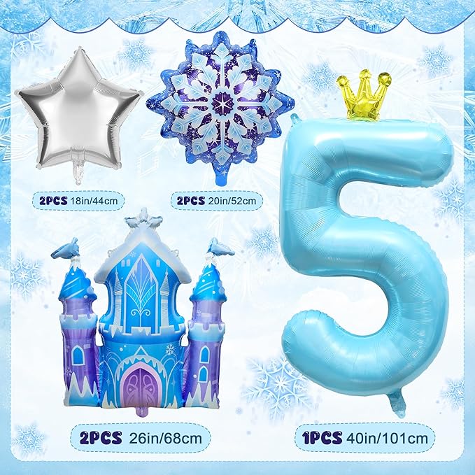 7Pcs 5th Birthday Party Decorations Balloons,Winter Snowflake Balloons Large Blue 40 Inch Number 5 Balloon Foil Star Castle Ballon for Birthday Party Favor Decor Supplies Winter Wonderland Decoration