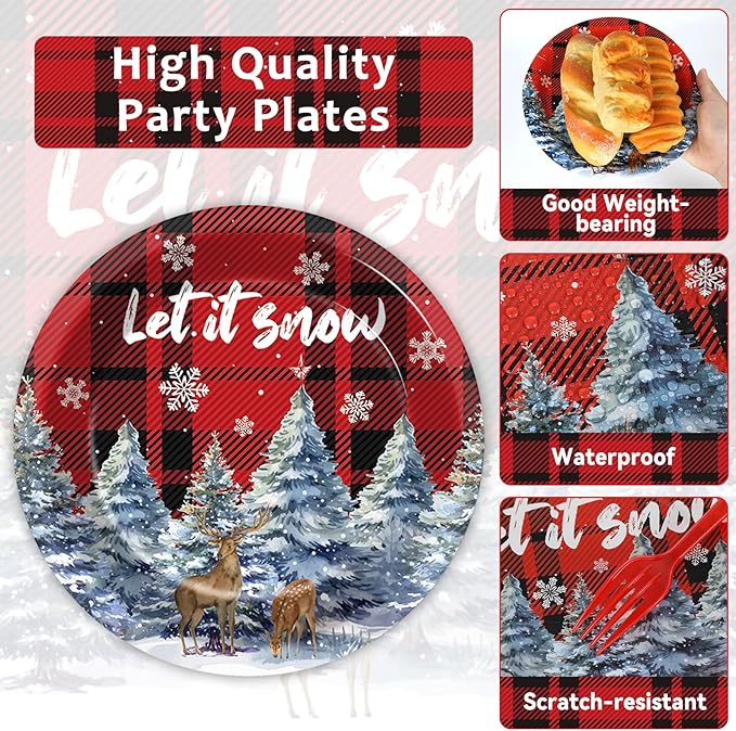 gisgfim 96 Pcs Christmas Party Supplies Paper Plates Napkins Christmas Checkered Buffalo Plaid Snowflake Party Tableware Disposable Dinnerware Decorations Favors for Xmas Winter Holiday Serves 24
