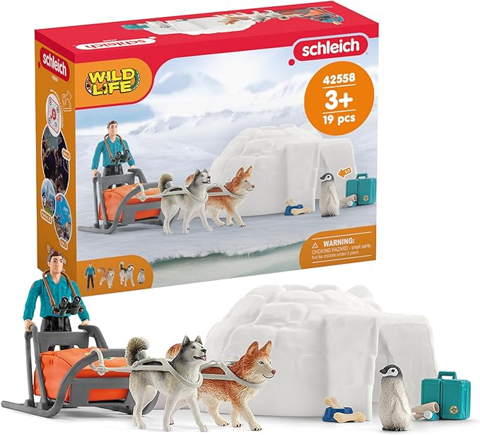 schleich Wild Life - 19 PC Antarctic Expedition Playset with Ranger, Husky Dogs, and Penguin Animal Figurines - Snow Safari Play Set with Dogsled and Igloo - Educational Toys for Kids 3 - 8 | 42558