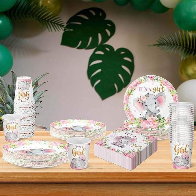 Hushee 200 Pcs Pink Elephant Baby Shower Paper Plates Napkins Cups It's A Girl Baby Shower Party Supplies Tableware Set Pink Disposable Cup Napkin for 50 Guest Spring Party Decoration