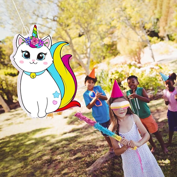 Aoriher Unicorn Cat Piñata with Blindfold and Bat, Caticorn Unicorn Cat Piñata Birthday Party Supplies for Party Favor Birthday Decorations, 16 x 11 Inch