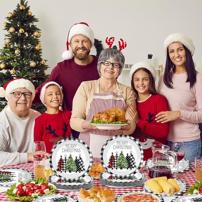 CHUNNIN 50Pcs Christmas Buffalo Plaid Tree Paper Plates 7 Inch Black White Table Decoration Merry Christmas Disposable Dinnerware Xmas Trees Tableware for Xmas Holiday Birthday Party Supplies