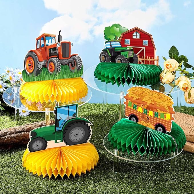 Zonon 6 Pieces Tractor Birthday Decorations, Tractor Honeycomb Table Centerpiece Party Supplies Farmhouse Decor for Tractors Birthday Party Supplies, 6 Designs