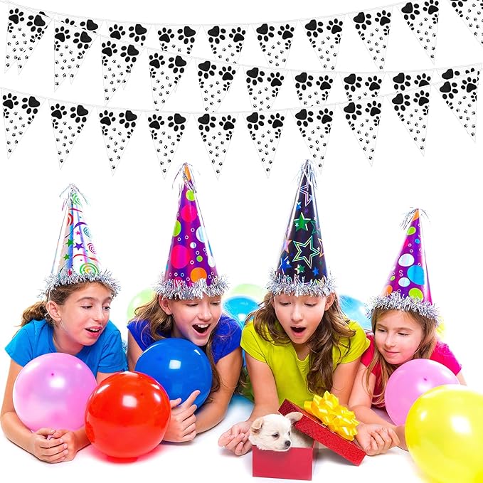 Tatuo 5 Pieces Dog Party Decorations Dalmatians Dog Birthday Banner Pet Paw Prints Pennant Bunting Banners Hanging Animal Pawprint Decorations for Pet Supplies, 7.9 x 11.4 Inch(Black)