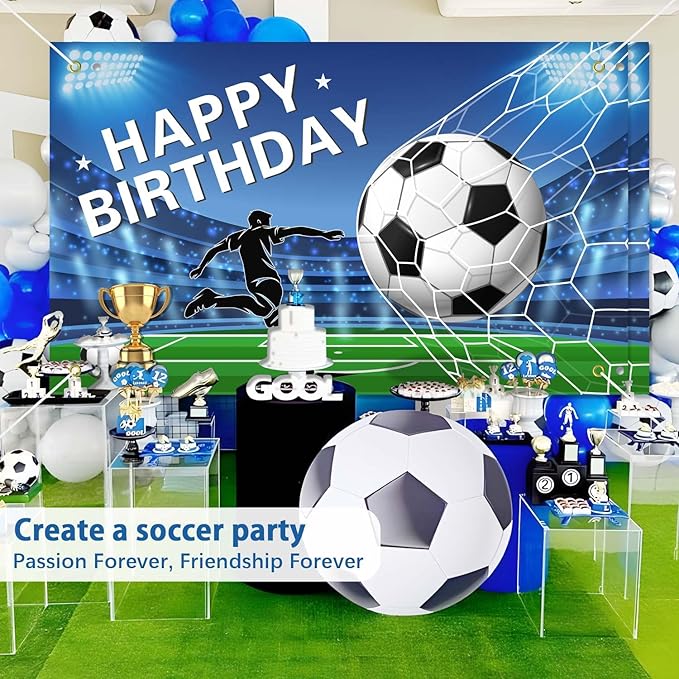 Soccer Birthday Party Decorations 116Ppcs 16Ft Blue Balloons Arch Kit Backdrop Cake Topper Tablecloth for Men Boys Soccer Theme Birthday Party Supplies