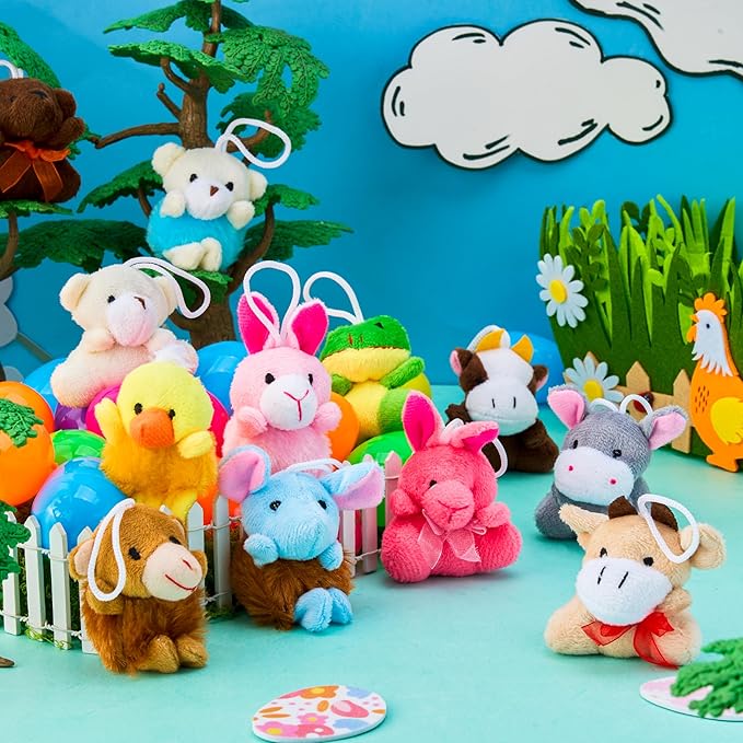 JOYIN 12 Pcs Prefilled Easter Eggs with Plush Toys, Plastic Eggs Filled with Mini Stuffed Plush Toys, Basket Stuffers for Toddlers, Easter Egg Hunt, Party Favors, Classroom Prizes for Kids