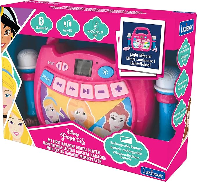 LEXiBOOK – Disney Princess - Portable Karaoke Digital Player for Kids – Microphones, Light Effects, Bluetooth, Record and Voice Changer Functions, Rechargeable Battery, Pink, MP320DPZ