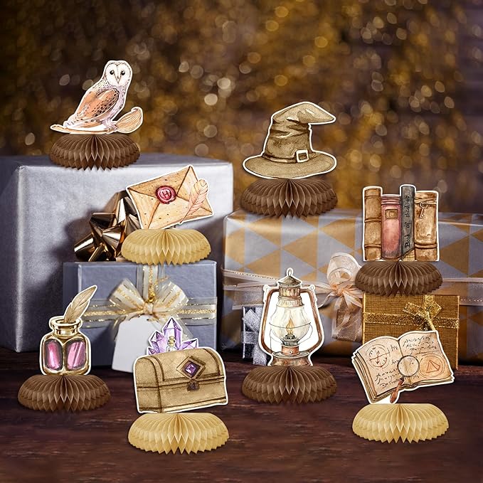 Magical Wizard Birthday Decorations 8Pcs Magic School Witch Wizard Honeycomb Centerpieces Vintage Castle Owl Table Topper Decor for Magical Baby Shower Party Supplies