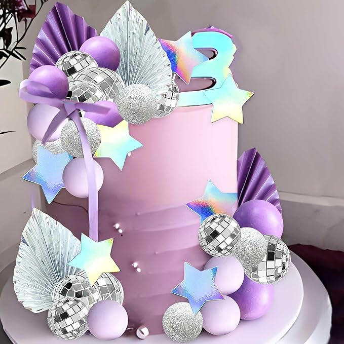 41Pcs Cool Girl Cake Decorations Purple Disco Ball Cake Topper Singer Stars Birthday Decoration Purple Cool Girl Bachelorette Party Supplies Bridal Shower Decor