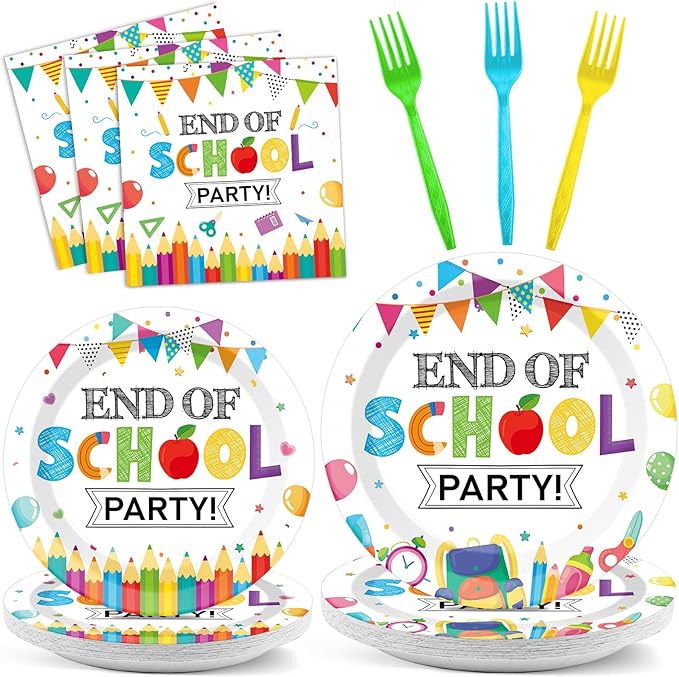 CHUNNIN 96Pcs End of School Party Paper Plates and Napkins Graduation Decorations End of School Graduate Disposable Dinnerware Tableware Set for 24 Guests Classroom Teacher Graduation Party Supplies