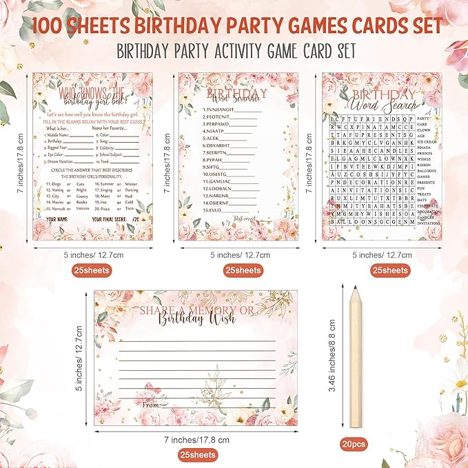 Fumete 100 Pcs Who Knows The Birthday Girl Best Cards with 20 Pre Pointed Pencils Set for 20 Guests, Girls Birthday Night Game Ideas, Girls Her Sleepover Party Supplies, 4 Activities(Rose)