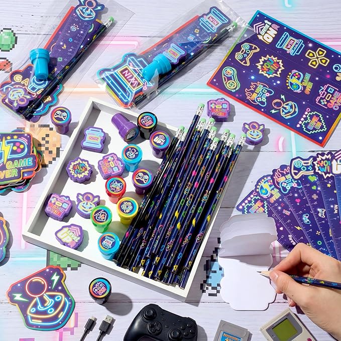 Cholemy 168 Pcs Video Game Party Favors Include Gaming Mini Notebook Gamer Birthday Sticker Pencil Stamper Ruler Eraser for Boy Teen Game Gifts Classroom Rewards Favor Party Supplies Decor (Cool)