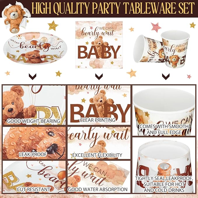 Hushee 200 Pcs Brown Bear Baby Shower Paper Plates Napkins Cups Baby Shower Party Supplies Tableware Set Brown Bear Disposable Cup Napkin for 50 Guest Spring Party Decoration
