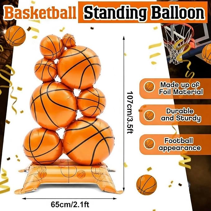 Soulchen 1 Pack Giant Self Standing Basketball Foil Balloons 3.5 ft with Field Base for Birthday Themed Party Decoration Sports Supplies Decor (Basketball Pile)