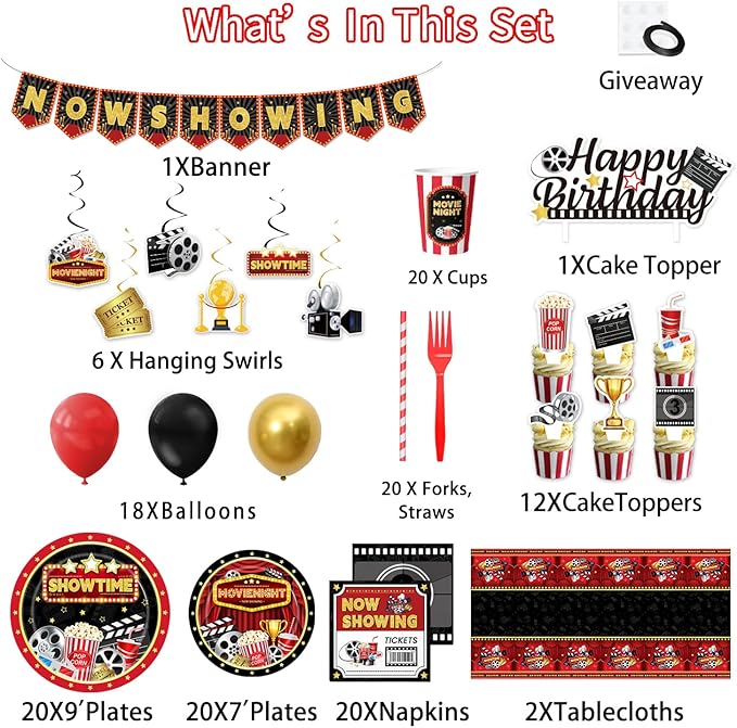 Movie Night Supplies, 160PCS Movie Themed Party Decorations with Now Showing Banner, Hanging Swirls, Balloons, Plates, Napkins, Cups, Forks, Straws, Tablecloths, Cake & Cupcake Toppers