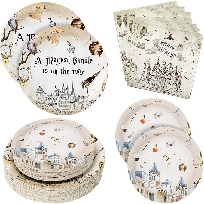 180PCS Magical Party Supplies Serve 60,Magical Wizard Paper Plates and Napkins Kit for Boys And Girls Happy Birthday Baby Shower Party,Includes Dinner and Dessert Plates, Napkins