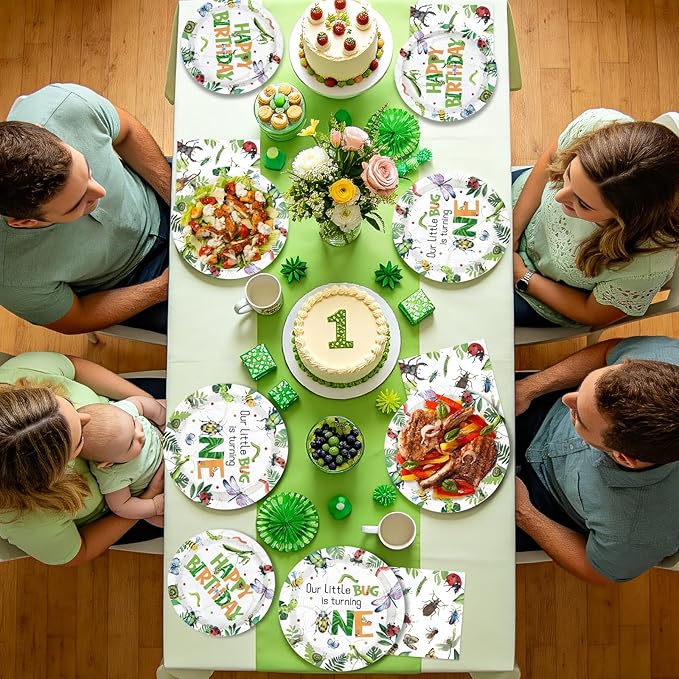 96 Pcs Bug One Birthday Party Decorations Ladybug 1st Birthday Themed Paper Plates and Napkins Spring Natural Bug Tableware Set for First Kids Boys Girls Baby Shower Party Supplies Serves 24