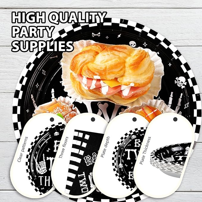 96Pcs Bad Two The Bone Party Supplies Black White Rock 2nd Birthday Plates and Napkins Tableware Bone Skull Second Birthday Party Decoration for Boy Skeleton Rock And Roll Music Theme Favors Serve 24