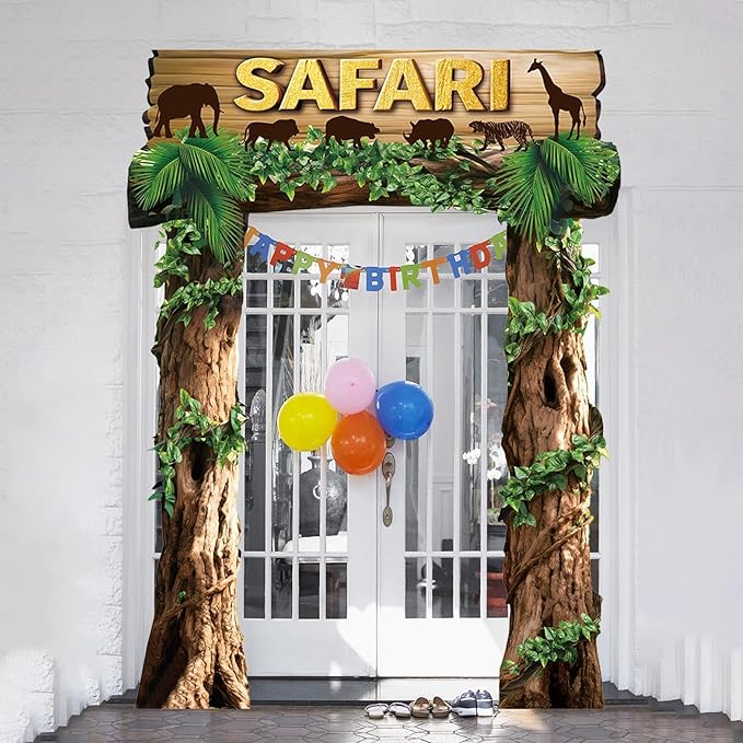 Jungle Animals Birthday Party Decorations Safari Porch Banner Backdrop Safari Party Supplies Door Decoration Banner Photo Booth Backdrop Hanging for Zoo Animals Birthday Photo Booth Props
