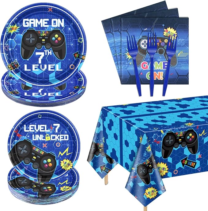81 Pcs Video Game Party Supplies 7th Birthday Video Game Party Decor Dinner Plates Napkins Video Game Tablecloth Forks Gaming Party Favors for Boy 7th Birthday Party, Serves 20