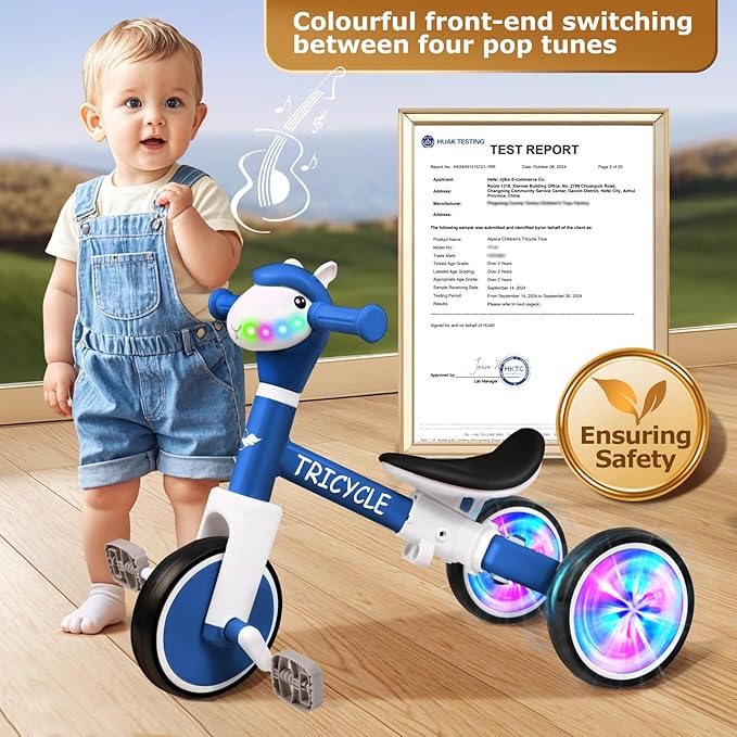 Toddler Balance Bike for Boys Girls, Tricycle for Toddlers 1-5 Year Olds, Toddler Tricycle with Light & Music Front, Kids Bicycle with Removable Pedal, Birthday Gifts for Kids (Flash Wheel Blue)