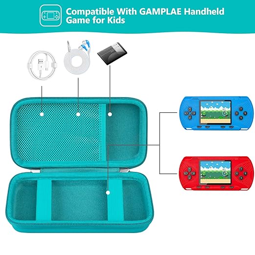 Supmay Carrying Case for GAMPLAE Handheld Game for Kids, 258 Retro Video Games Portable Gaming Player Storage Holder Travel Bag with Mesh Pocket for 3 Game Cards, Earphone,USB Cable, Green