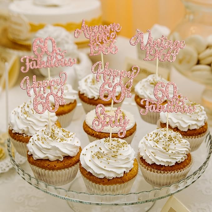 30Pcs Vintage 1966 Cupcake Toppers Glitter Sixty 60 Fabulous Happy 60th Birthday Cupcake Picks Cheers to 60 Years for 60th Birthday Anniversary Party Cake Decorations Supplies Rose Gold