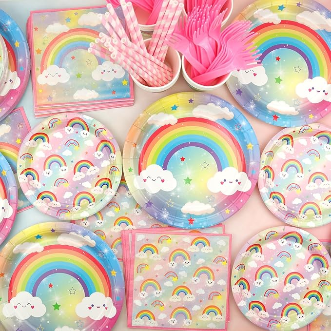 Rainbow Birthday Party Decorations - Rainbow Party Supplies including Backdrop, Plate, Cake Topper, Cup, Napkin, Balloon, Tablecloth - Serves 20