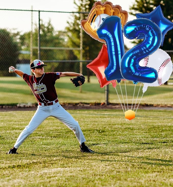Baseball Balloons 12th Birthday Decorations for Boys | Baseball Birthday Decoration Sports Theme Party Supplies, 32Inch Foil Mylar Number 12 Balloon Navy Blue Red White Sports Balloon Arch Kits