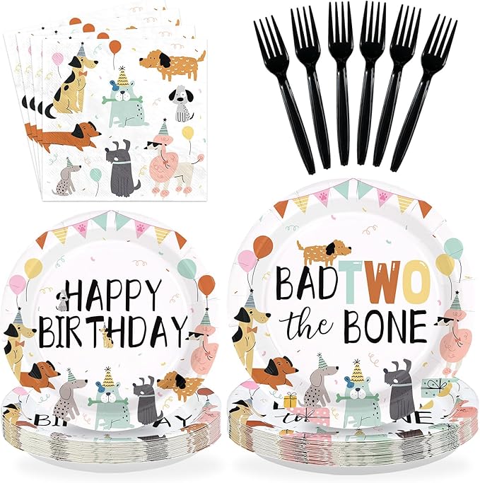 96Pcs Bad Two the Bone Party Supplies 2nd Dog Birthday Plates and Napkins Cute Cartoon Dog Theme Tableware Set for 2 Year Old Puppy Themed Birthday Party Supplies，Serves 24
