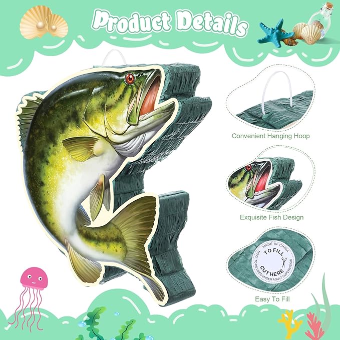 Aoriher Fishing Birthday Party Decorations Fish Piñata Fish Shaped Piñata with Blindfold and Stick for Summer Under The Sea Fishing Game Birthday Retirement Barbecue Party Supplies Decoration(Bass)
