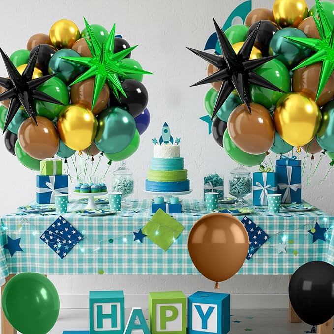 Green and Brown Balloons, 12 Inch Jungle Safari Woodland Balloon with Brown Black Dark Green Confetti Balloons Metal Balloon for Video Game Theme Birthday Wild One Party Decorations