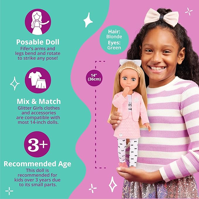 Glitter Girls – 14-Inch Fashion Doll – Blonde Hair & Green Eyes – Pink Cardigan & Skirt – Cat – Themed Outfit – 3+ Years– Fifer