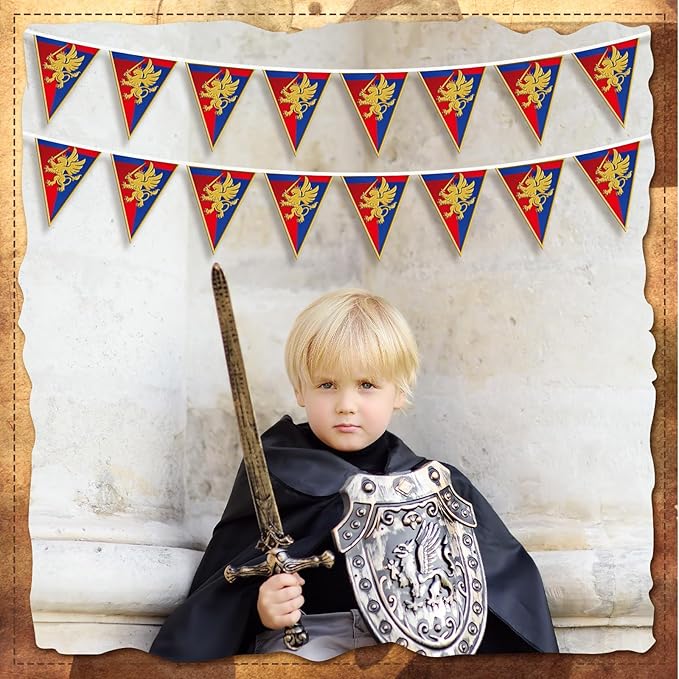 6 Pcs 72 ft Medieval Fantasy Pennant Banner with Lion Design Medieval Party Decorations Hanging Party Bunting Banner Garden Triangle Flag for Castle Theme Festival Birthday Decor
