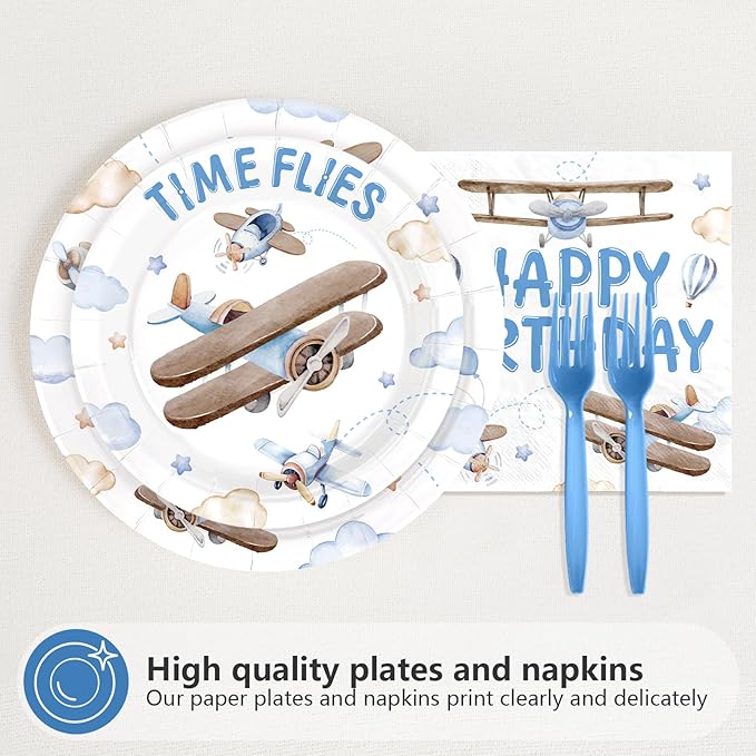 96Pcs Time Flies 1st Birthday Party Decorations Airplane 1st Birthday Plates and Napkins Sets Airplane Theme First Decorations for Boys Girls One Year Old Baby Shower Party Supplies Serves 24