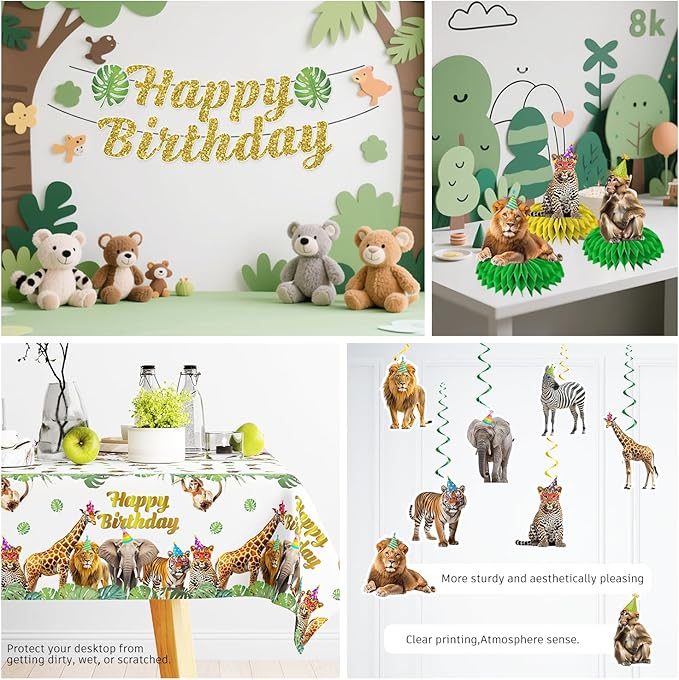 201pcs Safari Birthday Decorations Tableware Set, 25 Serves Safari Plates and Napkins for Party with 2pcs Tablecloth, Banner, Balloons for Jungle Birthday Party Decorations
