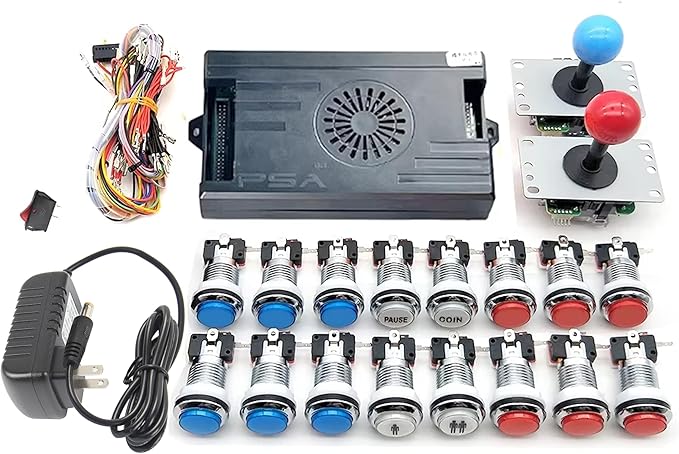 9800 in 1 Arcade Kit Saga Box with Sliver LED Arcade Buttons Mame 5 Pin 8 Way Joystick Arcade DX Kit 4 Players Game for DIY Home Video Game (Red and Blue)