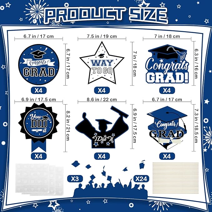 24Pcs Graduation Party Decorations Class of 2026, Graduation Centerpieces for Tables, 2026 Congrats Grad Party Centerpiece Stick Table Toppers for Graduation Party Supplies (Blue)