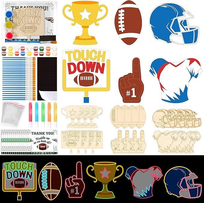 24 Set Football Party Favors - Football Birthday Party Supplies - Non-Toxic DIY Wooden Paint Crafts - with Magnet Luminous Pen - American Rugby Birthday Goodie Bags Gifts Prizes for Kids Boys Toddler