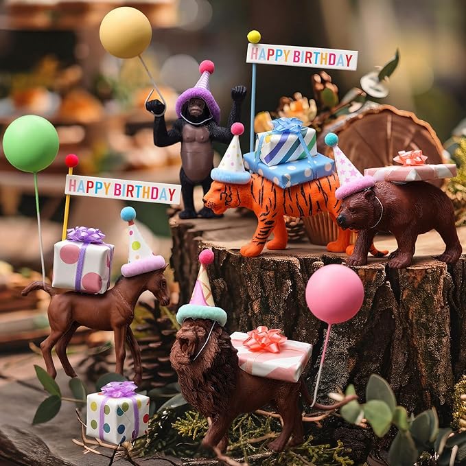 Weysat 37 Pcs Jungle Animal Birthday Party Decorations, Safari Animal Cake Toppers with Mini Hats Miniature Flags Gift Boxes Balls Figure Models for Wild Animals Birthday Party Supplies for Adults