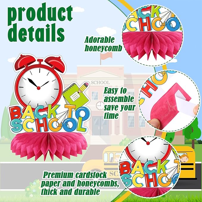 12 Pcs Welcome Back to School Decorations Honeycomb Centerpieces First Day of School Table Decoration Book Pencils Backpack Bus Table Topper for Party Favors Supplies