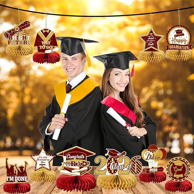 10PCS Graduation Party Decorations Class of 2026 Congrats Grad Table Centerpieces Congratulate Graduation Honeycomb Table Toppers for Graduation Party Supplies(Maroon Gold)